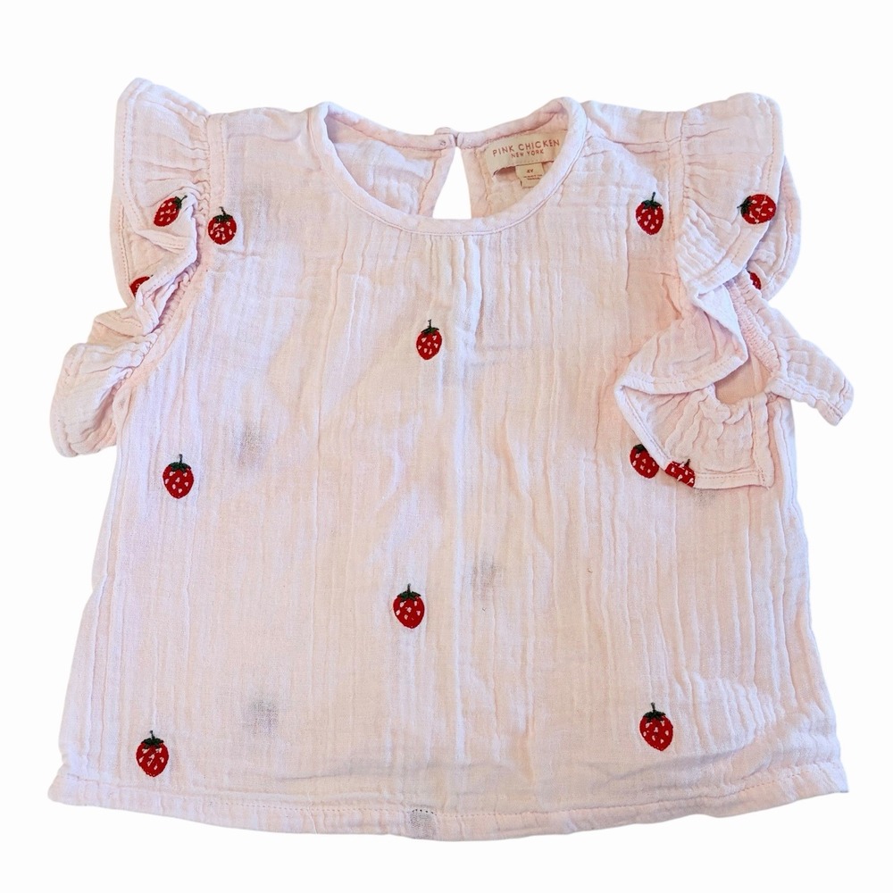 Pink Chicken Strawberry Embroidered Gauzy Top Toddler Girls Size 4Y Ruffled